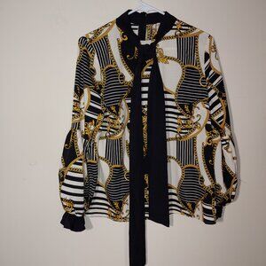 True Destiny Black White Bishop Ruffled Cuff Sleeves Blouse Size L